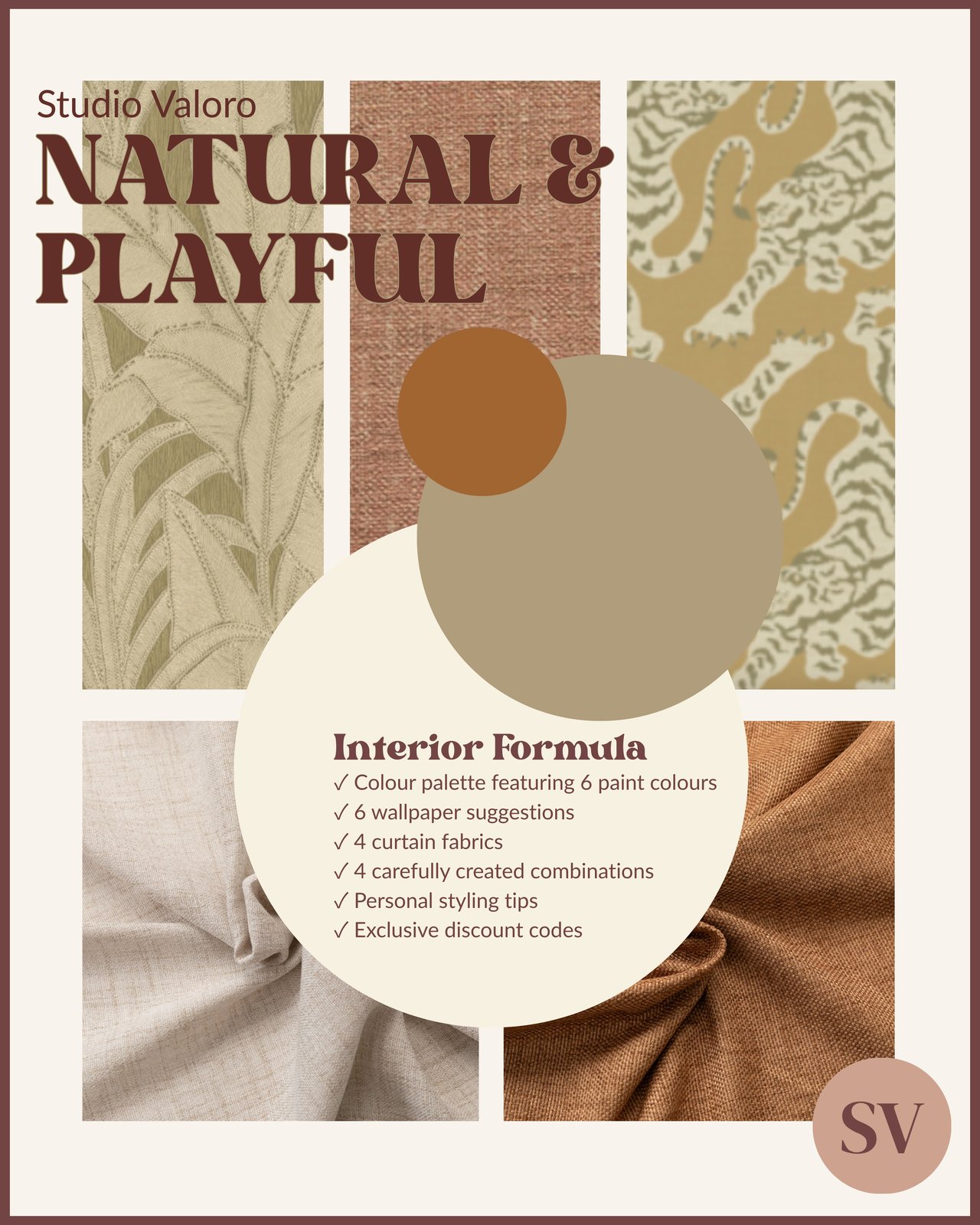 Cover of the Natural & Playful interior formula with wallpaper, fabrics and warm natural tones with green and playful prints