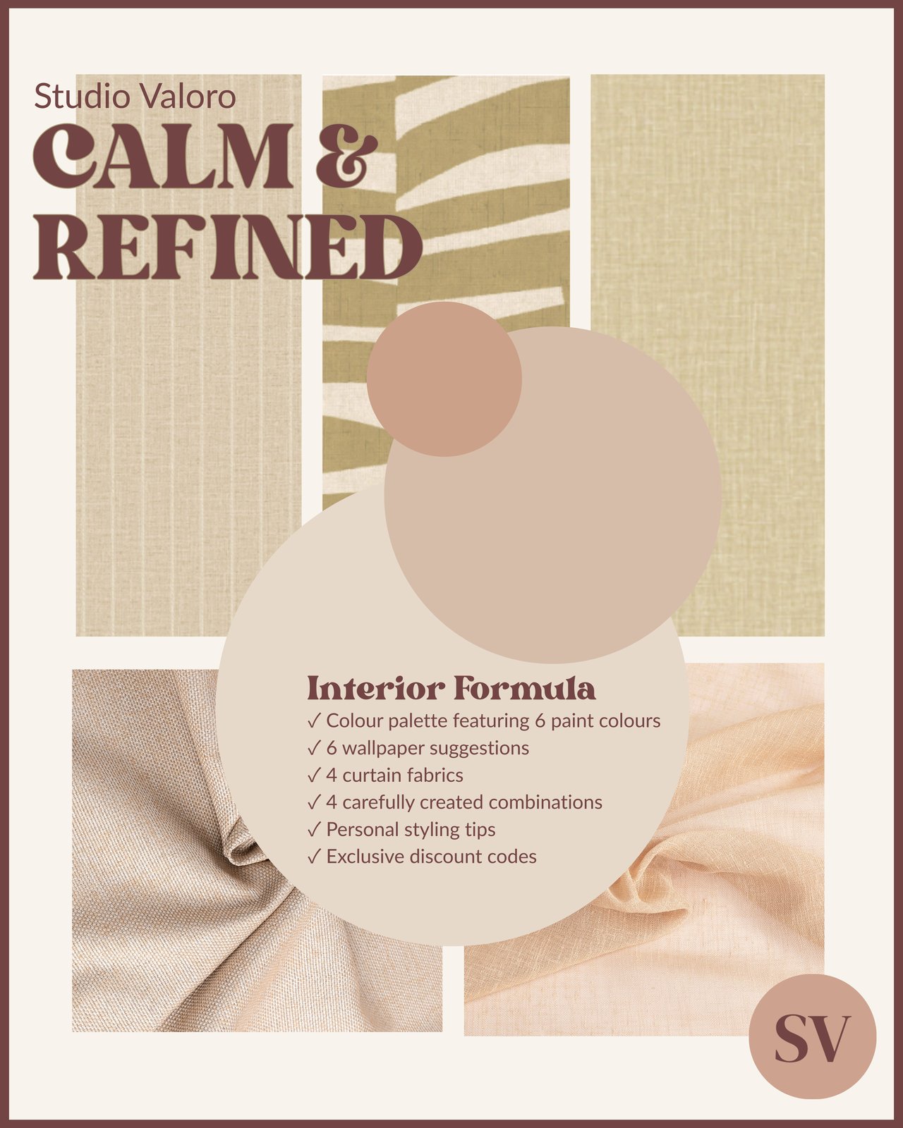 Cover of the Calm & Refined interior formula with wallpaper, fabrics and soft natural tones