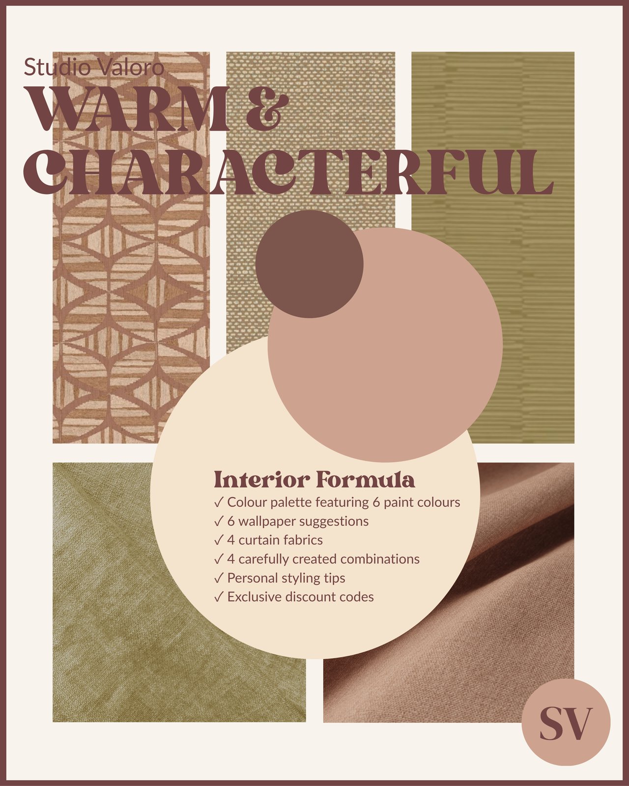 Cover of the Warm & Characterful interior formula with wallpaper, fabrics and warm earthy tones