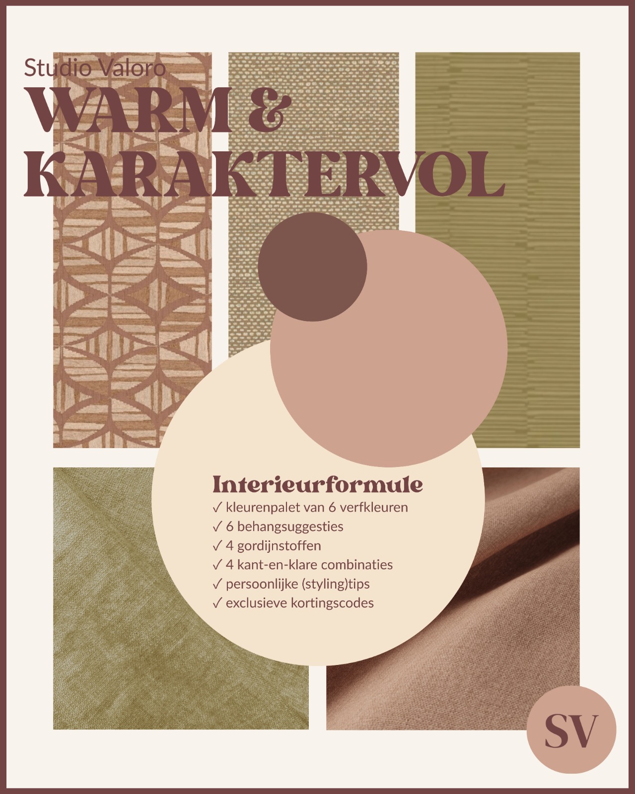 Cover van de interieurformule Warm & Karaktervol met behang, stoffen en warme aardetinten